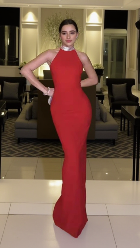 HEDWIG CRYSTAL HALTER SLEEVELESS BODYCON MAXI DRESS IN RED