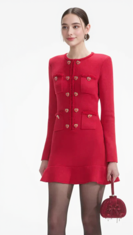 BETTY PATCH-POCKET ROUND-NECK KNITTED MINI DRESS IN RED