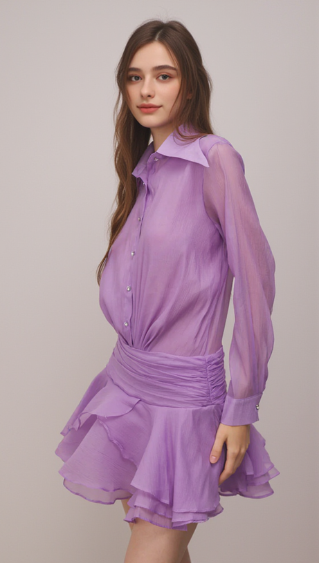 EMBER RUCHED RUFFLE MINI DRESS IN PURPLE