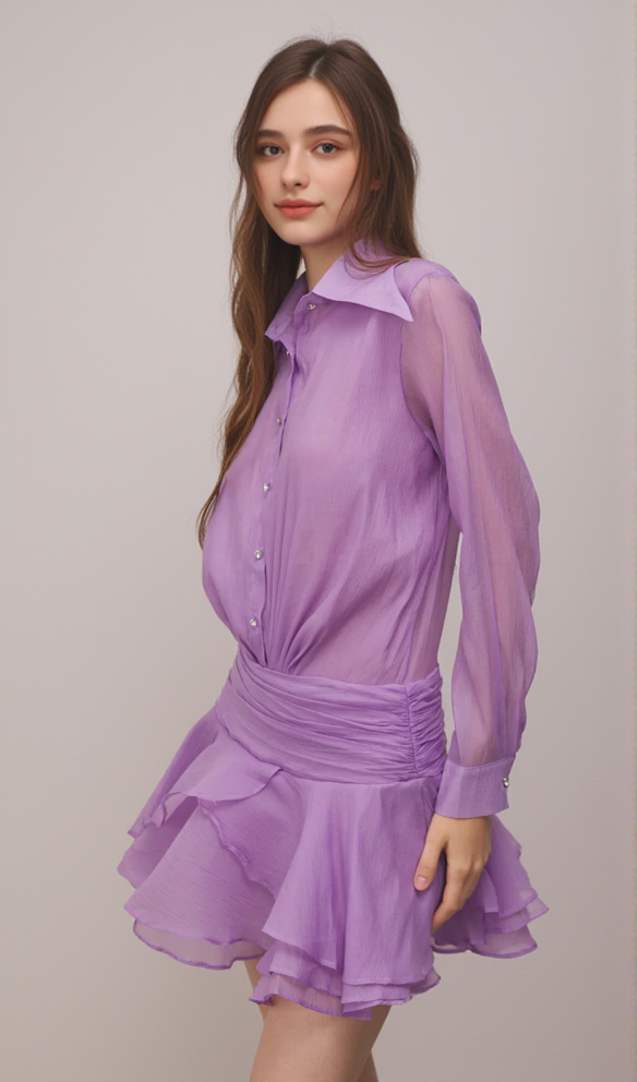AIIZIE EMBER RUCHED RUFFLE MINI DRESS IN PURPLE - product image