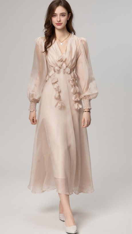 FLORAL EMBELLISHED MIDI DRESS IN NEUTRALS