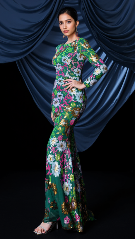 AALIYAH CREW NECK FLORAL SEQUIN DRESS IN GREEN