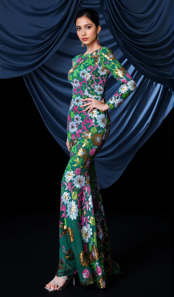 AALIYAH CREW NECK FLORAL SEQUIN DRESS IN GREEN