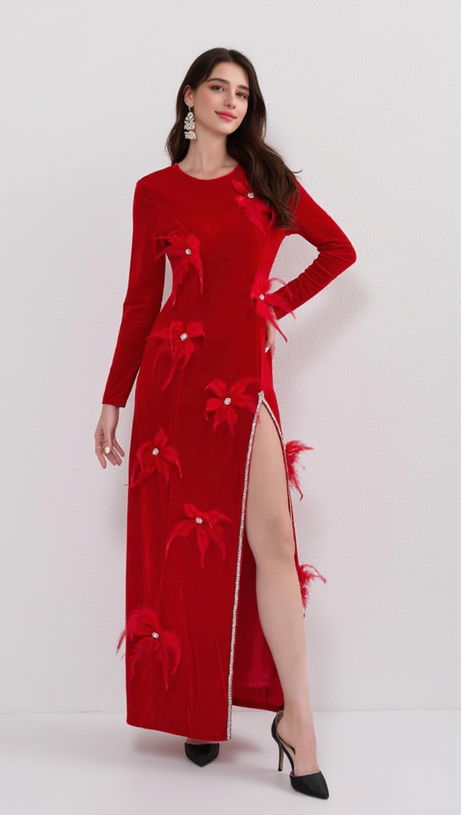 3D FEATHER FLOWER VELVET MAXI DRESS IN RED