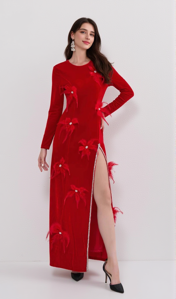 AIIZIE 3D FEATHER FLOWER VELVET MAXI DRESS IN RED - product image