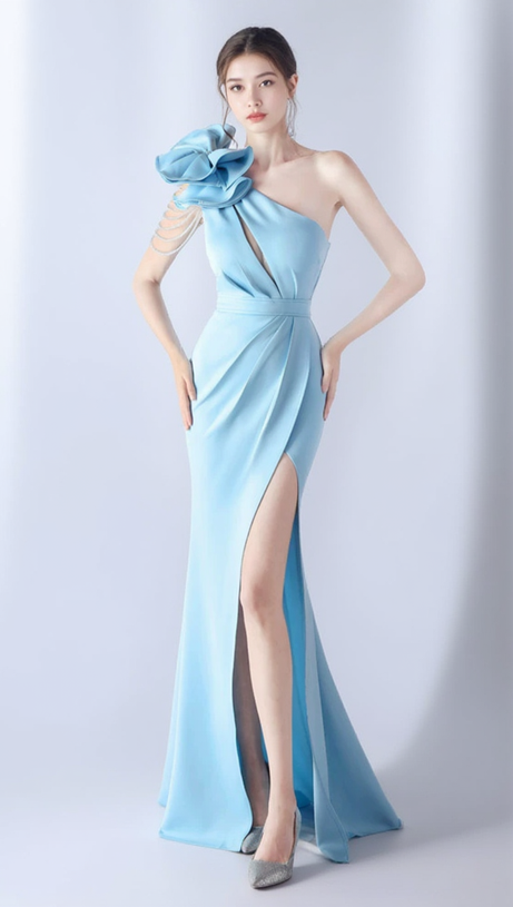 DEBBY BLUE ONE SHOULDER FLOWER CUT OUT SLIT MAXI DRESS