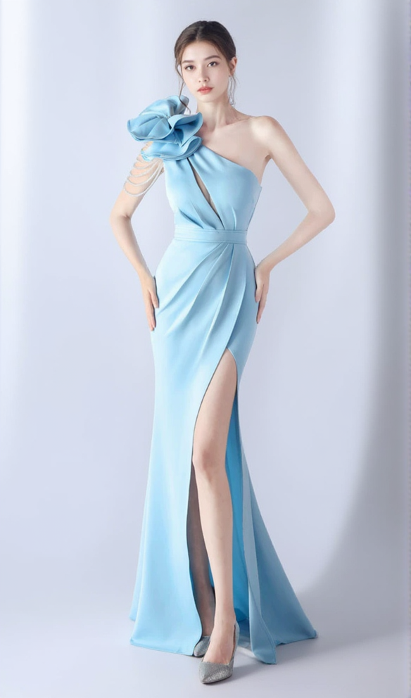 DEBBY BLUE ONE SHOULDER FLOWER CUT OUT SLIT MAXI DRESS