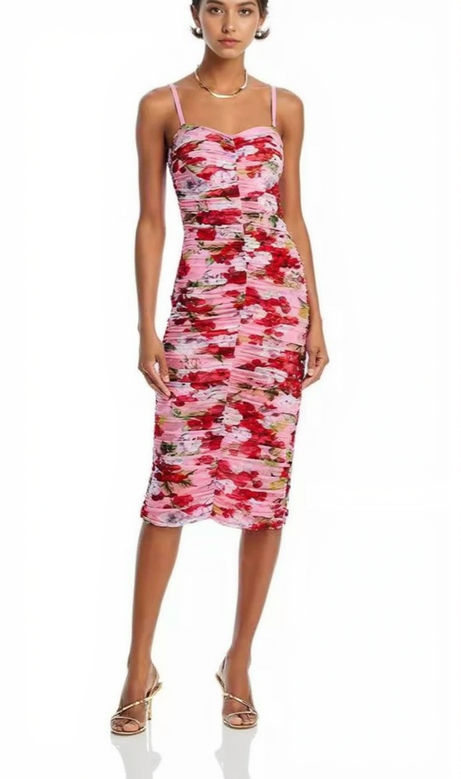 CAPRICE MULTICOLOR FLORAL MESH MIDI DRESS