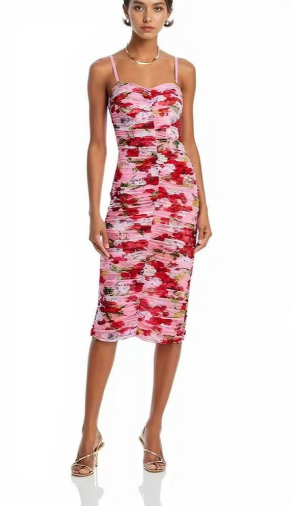 CAPRICE MULTICOLOR FLORAL MESH MIDI DRESS