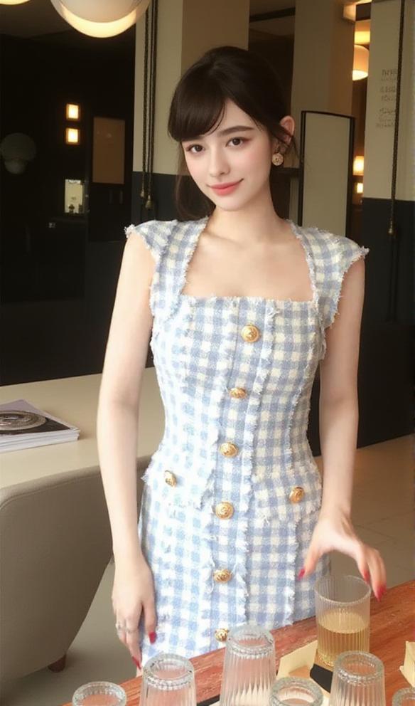 BLUE WHITE GINGHAM MINI DRESS