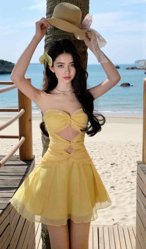AIIZIE CUT-OUT PLEATED OFF-SHOULDER MINI DRESS IN YELLOW - product image