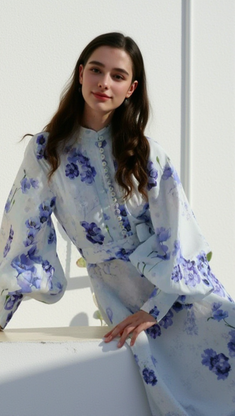 LANTERN SLEEVE FLORAL PRINT MAXI DRESS IN BLUE