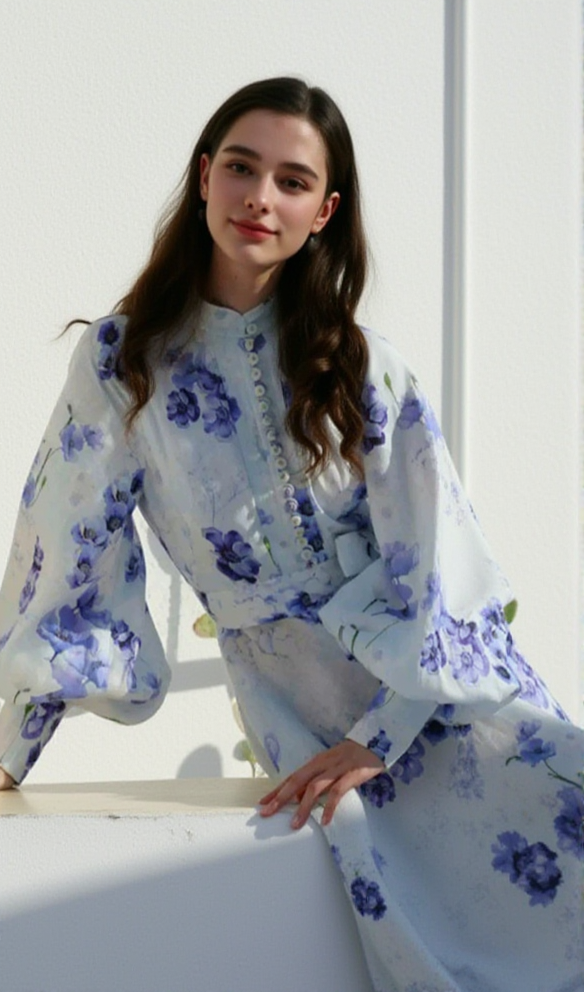 AIIZIE LANTERN SLEEVE FLORAL PRINT MAXI DRESS IN BLUE - product image