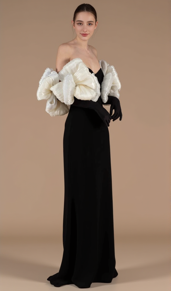 BOWKNOT FLORAL-SHAPE EMBELLISHED MAXI DRESS IN BLACK