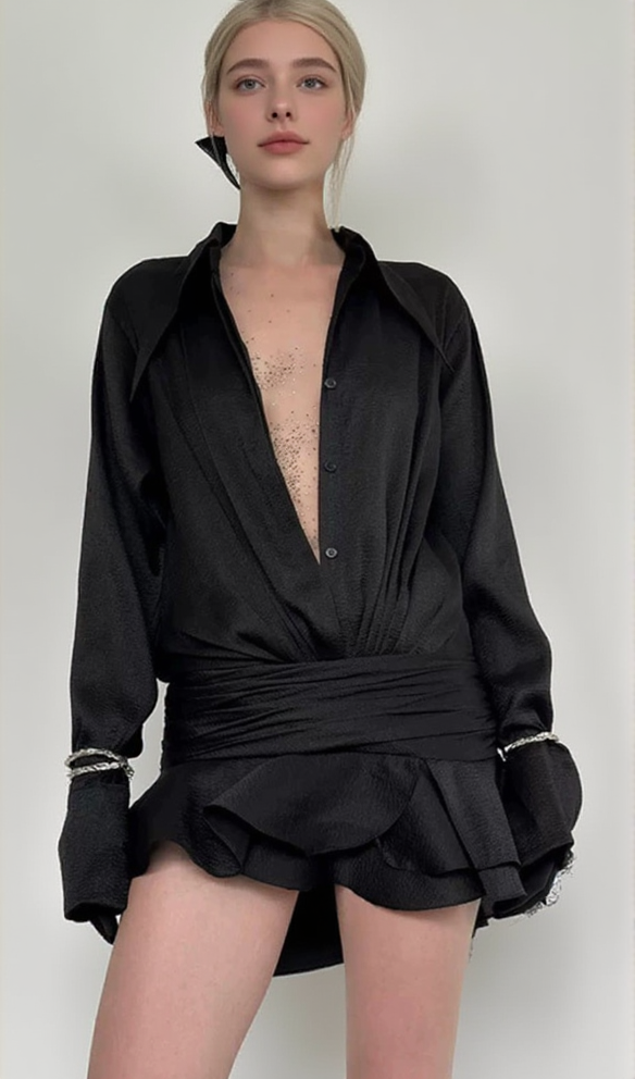 EMBER RUCHED RUFFLE MINI DRESS IN BLACK