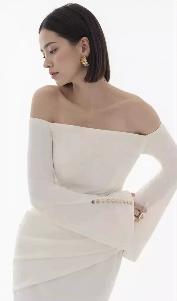 AIIZIE DOROTHY WHITE SHEATH OFF-SHOULDER RUCHED MIDI DRESS - product image