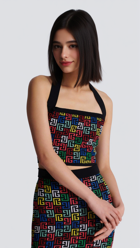 RACHEL MONOGRAM KNIT HALTERNECK TOP SKIRT SET