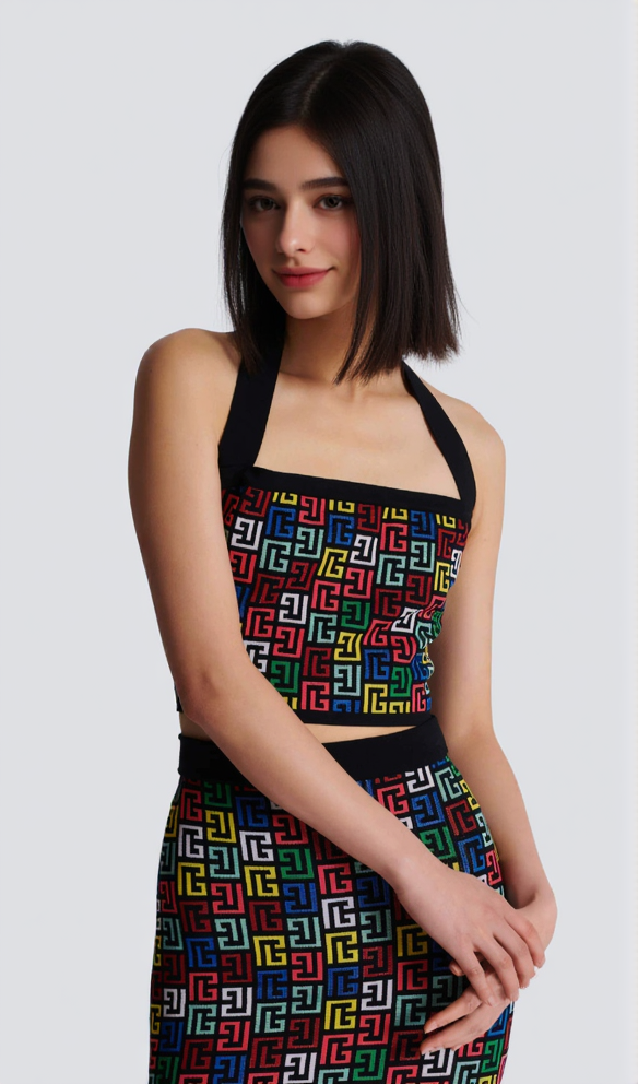 AIIZIE RACHEL MONOGRAM KNIT HALTERNECK TOP SKIRT SET - product image