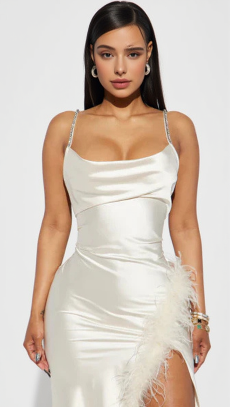 ISABELLA FEATHER TRIM SATIN GOWN IN CREAM