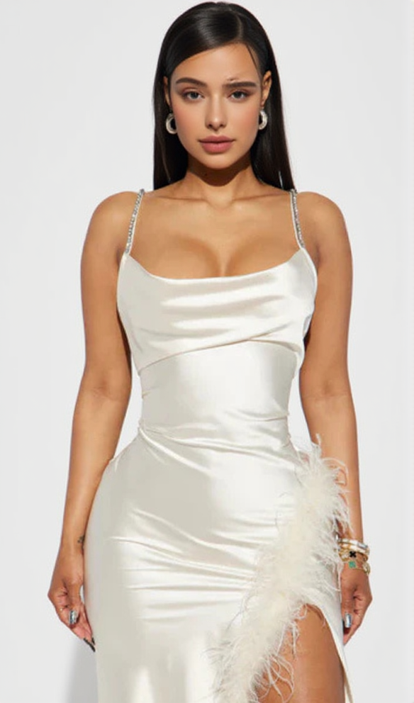 ISABELLA FEATHER TRIM SATIN GOWN IN CREAM