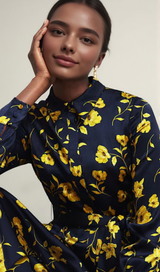 sophia floral shirt midi dress in navy yellow