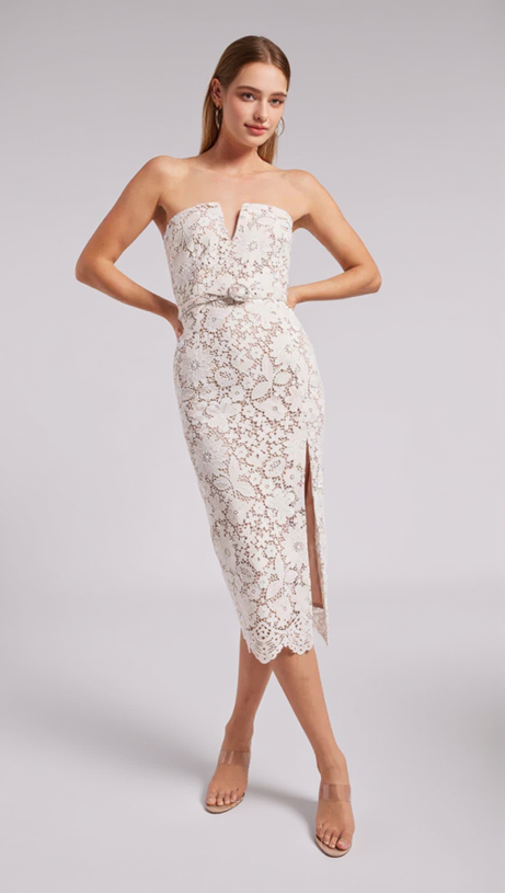 Milette – Midikleid aus Spitze mit V-Ausschnitt in Weiß