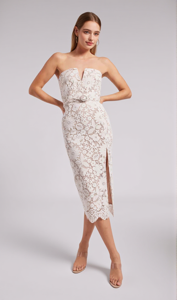 MILETTE V-NECK LACE MIDI DRESS IN WHITE