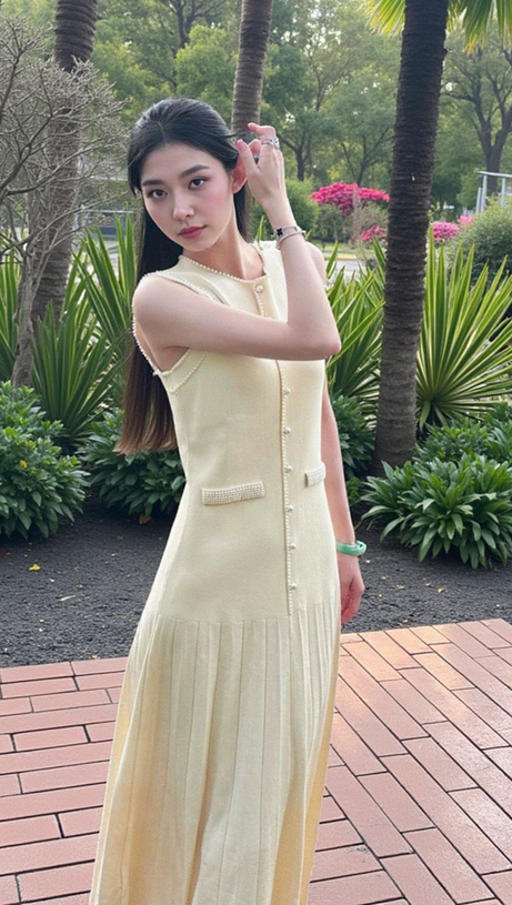 SALOME BEADED TRIM SLEEVELESS KNIT APRICOT MIDI DRESS