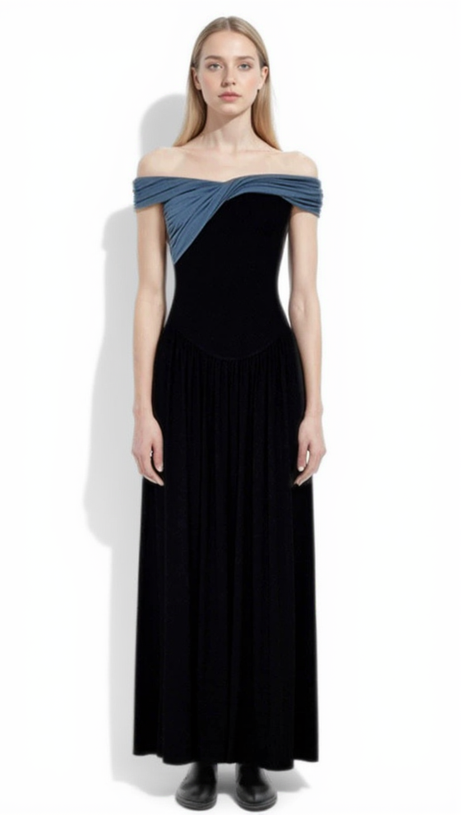 RAE ASYMMETRIC OFF-SHOULDER KNIT MIDI DRESS