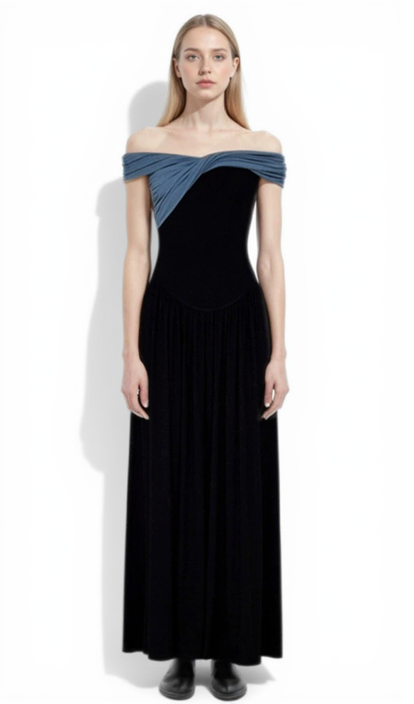 RAE ASYMMETRIC OFF-SHOULDER KNIT MIDI DRESS