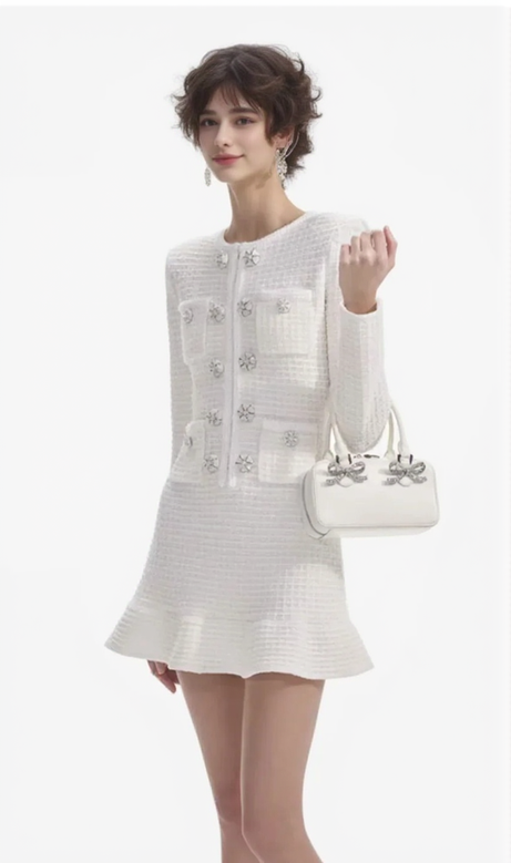 CREAM BUTTONED KNIT MINI DRESS