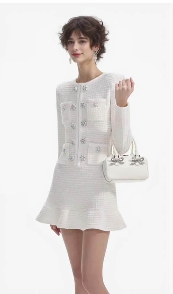 CREAM BUTTONED KNIT MINI DRESS