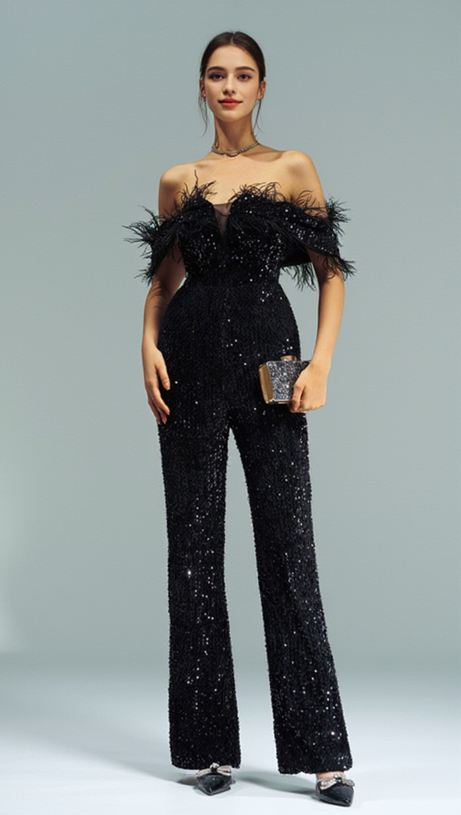 OFF-SHOULDER SEQUIN JUMPSUIT IN BLACK
