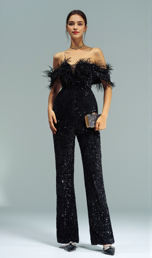 AIIZIE OFF-SHOULDER SEQUIN JUMPSUIT IN BLACK - product image