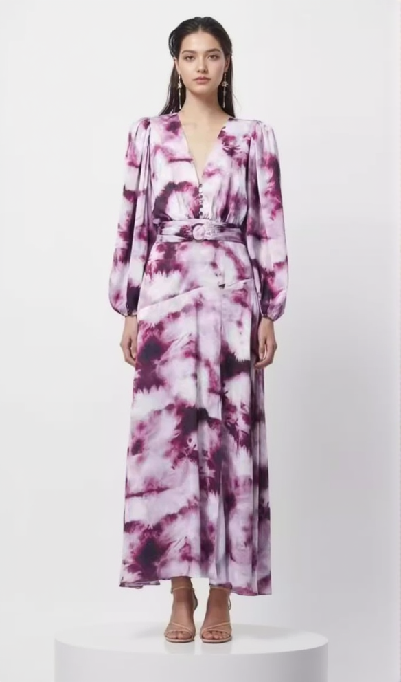 SUSANNA FUCHSIA BELTED TIE-DYED SATIN MAXI DRESS