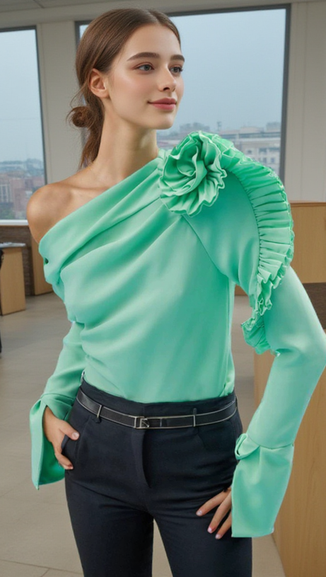 BELLE GRÜNES EINSCHULTER-CROP-TOP MIT RÜSCHENROSETTEN