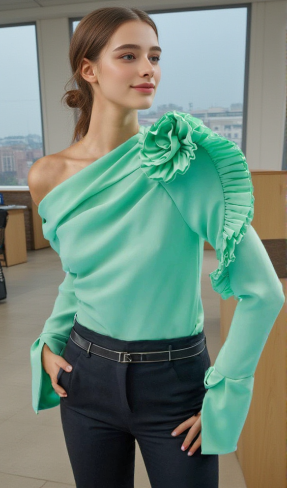 AIIZIE BELLE GREEN RUFFLE ROSETTE ONE-SHOULDER CROP TOP - product image