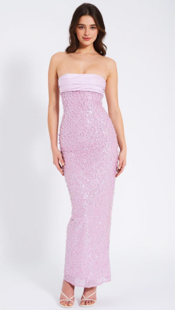 AIIZIE PINK SATIN SEQUIN PEARLS BEADED MAXI DRESS - product image