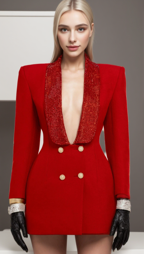 GEORGIA BLAZER MIT STRASSKNÖPFEN UND RÜCKENFREIEM BUND IN ROT