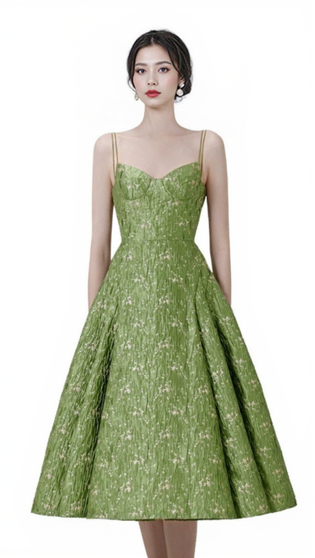VINTAGE GREEN SUSPENDER JACQUARD MIDI DRESS