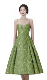 VINTAGE GREEN SUSPENDER JACQUARD MIDI DRESS