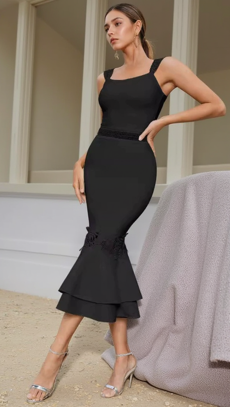 AGATHA MERMAID HEM FLORAL LACE BANDAGE MIDI DRESS IN BLACK