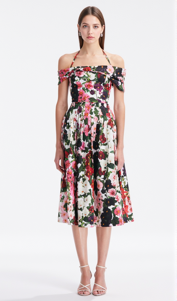 MULTICOLOR OFF-SHOULDER PLEATED FLORAL-PRINT COTTON-BLEND POPLIN DRESS