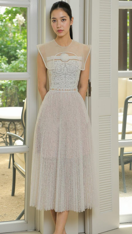 CREW NECK PLAIN PLEATED FLOWER LACE MIDI DRESS