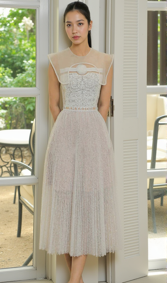 CREW NECK PLAIN PLEATED FLOWER LACE MIDI DRESS