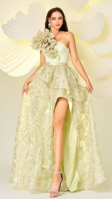 ONE SHOULDER GILDED FLORAL SPLIT DRESS IN GREEN