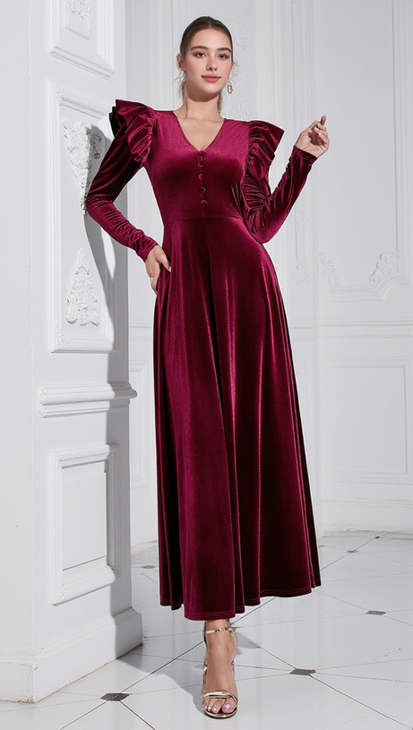 IRMA BURGUNDY V-NECK RUFFLE TRIM EMBELLISHED VELVET MAXI DRESS