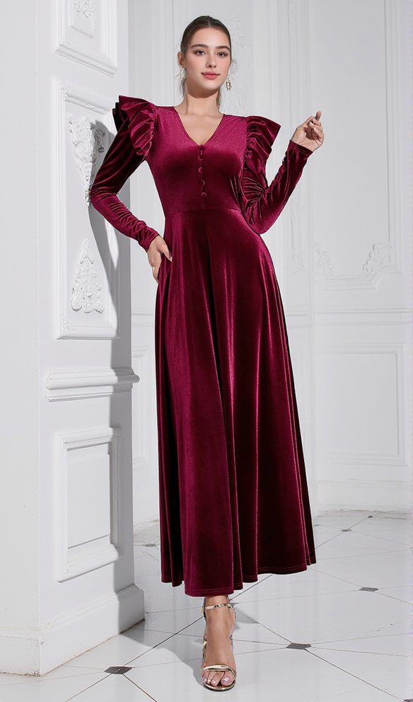 AIIZIE IRMA BURGUNDY V-NECK RUFFLE TRIM EMBELLISHED VELVET MAXI DRESS - product image