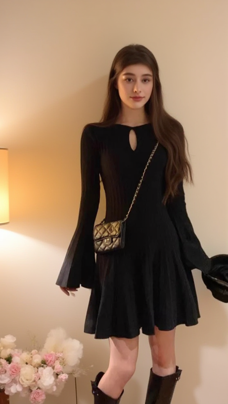 PLEATED WOOL KNIT LONG SLEEVE MINI DRESS IN BLACK