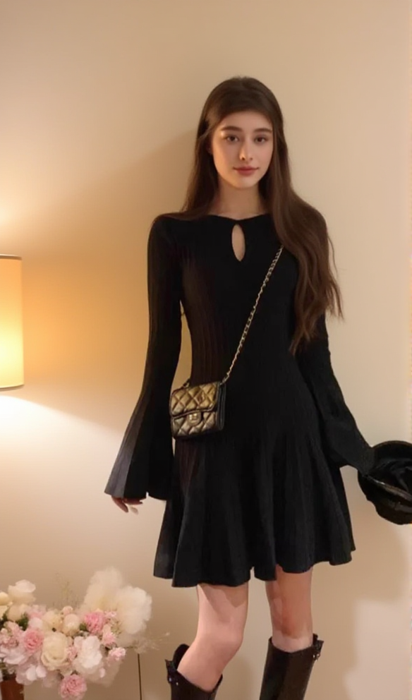 AIIZIE PLEATED WOOL KNIT LONG SLEEVE MINI DRESS IN BLACK - product image